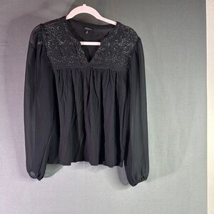 Lucky Brand‎ Black Bishop Sleeve Blouse with Bib Collar size medium